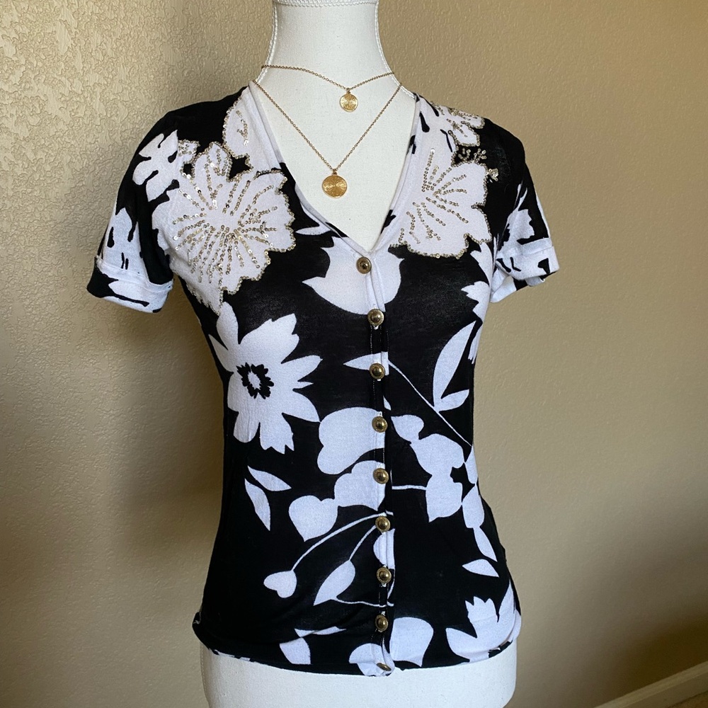 Black and White Floral Button Down Shirt with Sequin Embellishment